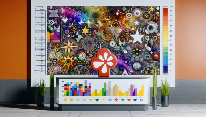 A modern dashboard with colourful graphs and the Yelp logo, showing restaurant business analytics.