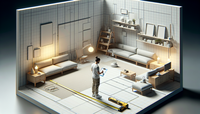 A person measuring a living room with a tape measure, noting dimensions on a clipboard, with minimalist furniture and clear pathways.
