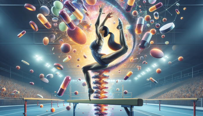 A gymnast on a balance beam with floating collagen supplement capsules surrounding her in a vibrant gym.