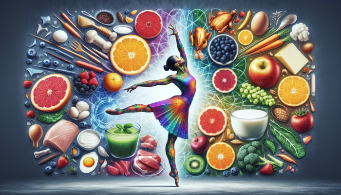 A gymnast stretching surrounded by collagen-boosting foods such as citrus, berries, greens, chicken, eggs, and dairy.