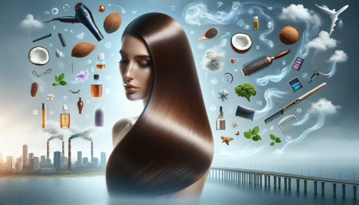 Woman showcasing repaired, shiny hair using coconut and argan oil, resilient against environmental stressors and styling tools.