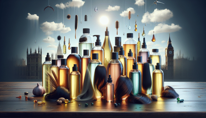 Various bottles of hair oils on a wooden table, labelled with benefits, against a backdrop of UK weather.
