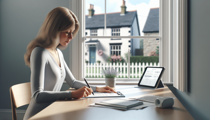 Individual signing Lasting Power of Attorney at a desk, UK home visible through the window, representing remote management.