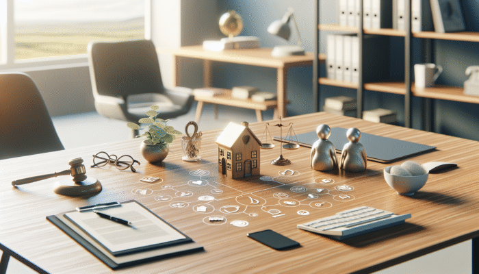 A desk displaying "Lasting Power of Attorney" documents, symbols of property management and elderly care.