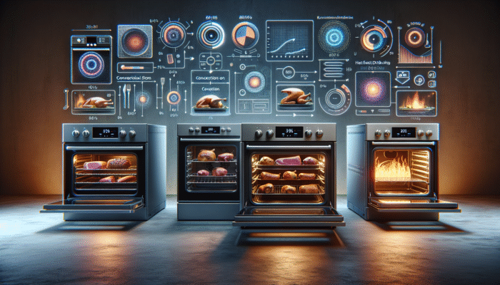Illustration of various oven types - conventional, convection, and gas - with roasted meats, showcasing heat distribution and efficiency.