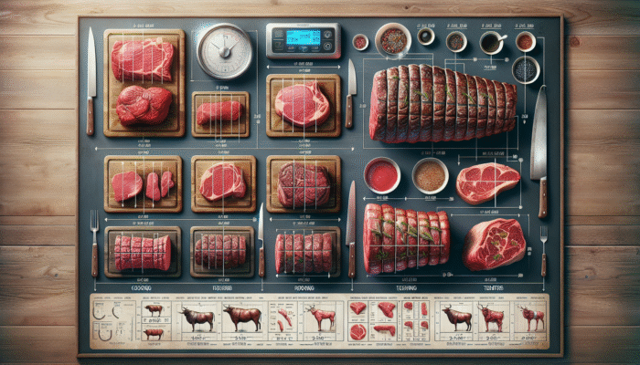 Beef roasts of varying sizes and shapes on a counter, accompanied by a scale and cooking chart.