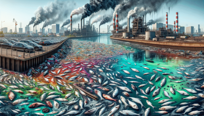 A polluted urban river showcasing toxic colours, dead fish, factories, and a city skyline, exemplifying the effects of industrial pollution.