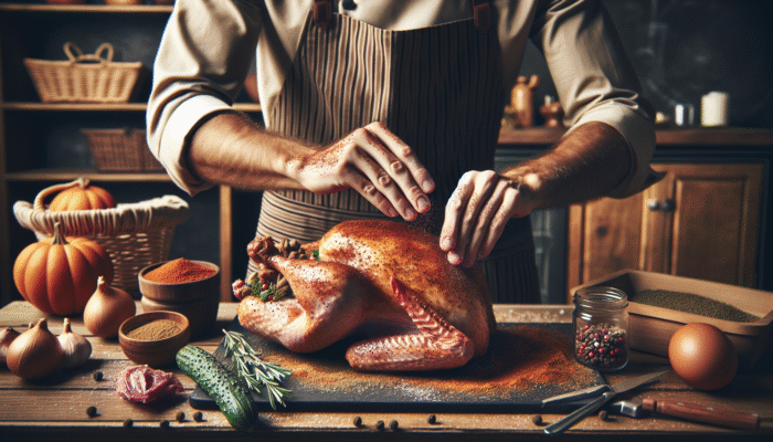 Chef seasoning a dry Thanksgiving turkey under and over the skin for flavour and crispiness.