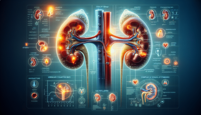 Illustration depicting kidney health indicators such as GFR, creatinine, urine protein levels, and symptoms like fatigue, leg swelling, and changes in urination.