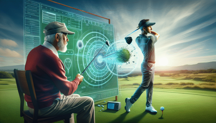 A South African golf coach demonstrating the correct swing plane and path on a lush green course.