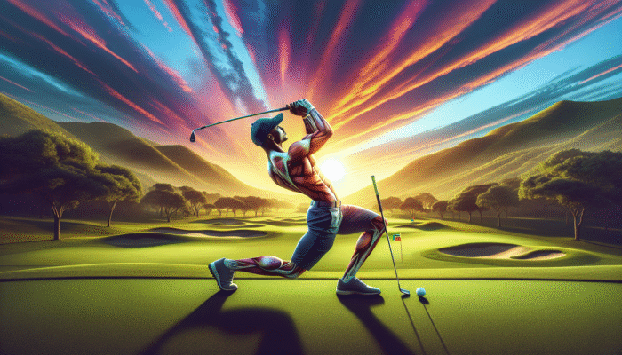 A South African golfer performing a side plank on a golf course at sunset to enhance swing power and stability.