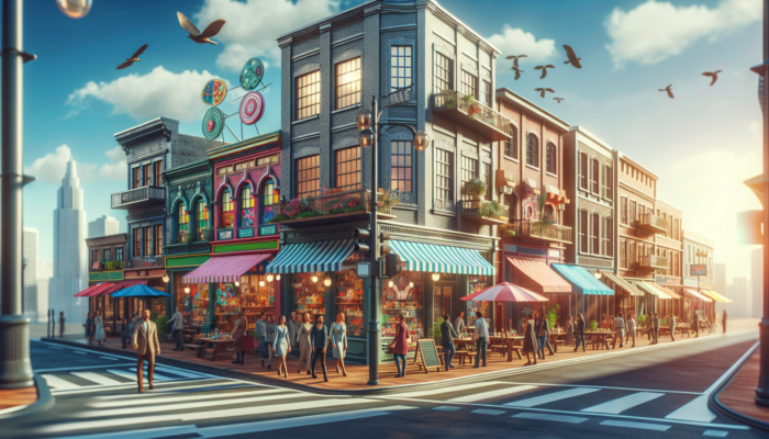 An energetic city street featuring a Google My Business sign with various local businesses engaging with customers.