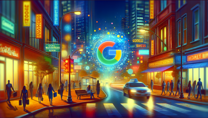 A city street displaying a Google Business sign, local businesses, and charts illustrating SEO improvements.