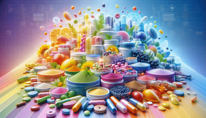 A vibrant collection of dietary supplements in capsules, tablets, and powders set against an eye-catching background.