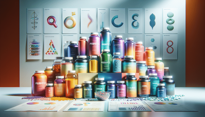 An assortment of specialty supplement bottles featuring probiotics, omega-3, and protein powders against a health-oriented backdrop.