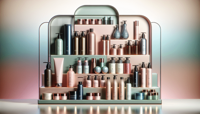 A vibrant collection of hair care products displayed on a modern shelf, showcasing unique and diverse designs.