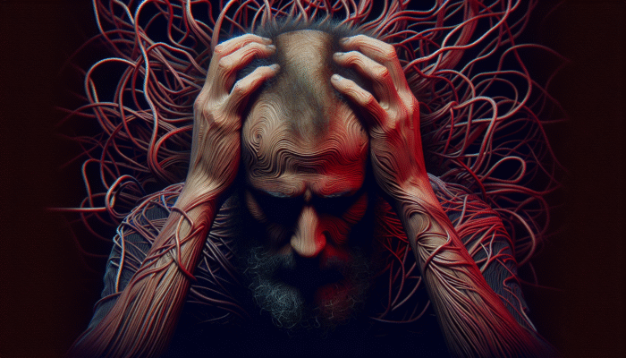 A person with thinning hair, stressed, surrounded by red lines symbolising chronic stress, dark background.