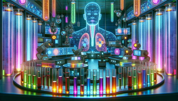 A futuristic lab with glowing test tubes and high-tech machinery analysing thyroid samples.