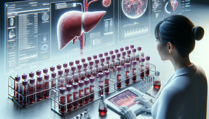 Detailed medical illustration of the advanced liver blood testing process, including vials, liver cross-section, and lab analysis.