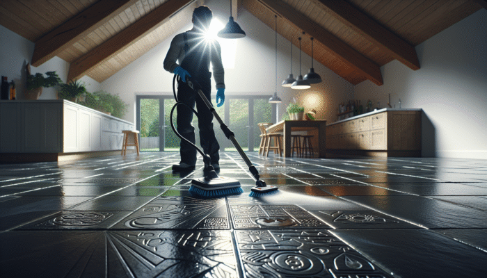 An individual cleaning a UK slate floor using eco-friendly products, highlighting the floor's natural shine in a contemporary home.