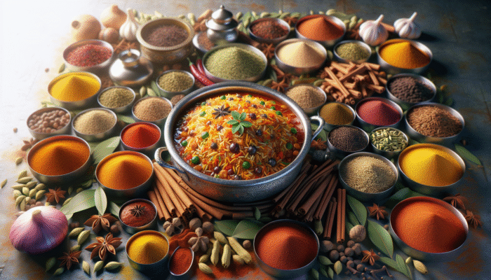 A colourful kitchen scene showcasing spices and a steaming pot of biryani.