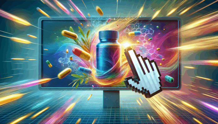 Deciphering PPC in Supplement Marketing: A digital billboard showcasing supplement ads, highlighting a cursor clicking on a health product, with search engine results in the background.