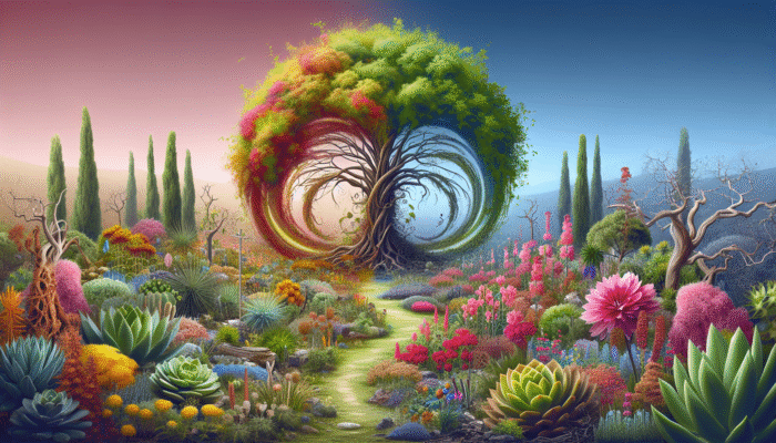 A vibrant garden adorned with resilient plants like succulents and perennials thriving post-disaster.