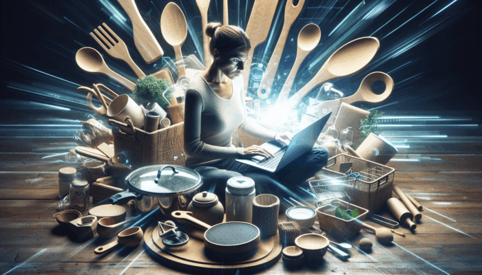 A person using a laptop with SEO tools, showcasing eco-friendly kitchen utensils, achieving high visibility for "sustainable kitchen tools" in search results.
