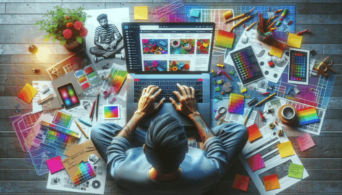A vibrant workspace featuring a laptop displaying a lively product page, notes, and a mood board; a person typing product descriptions.