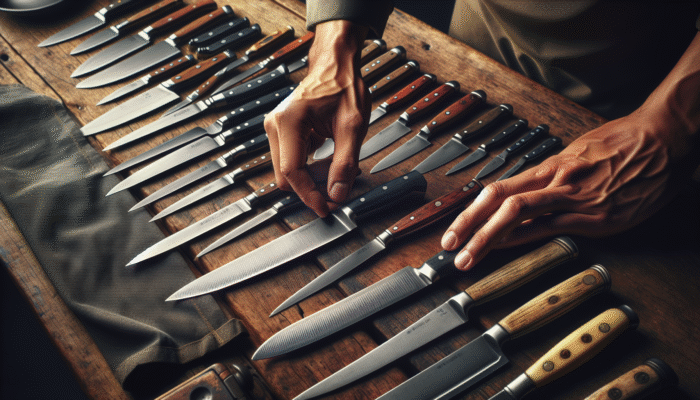 A chef's hand selecting a high-carbon stainless steel knife from a beautifully arranged set on a rustic table.