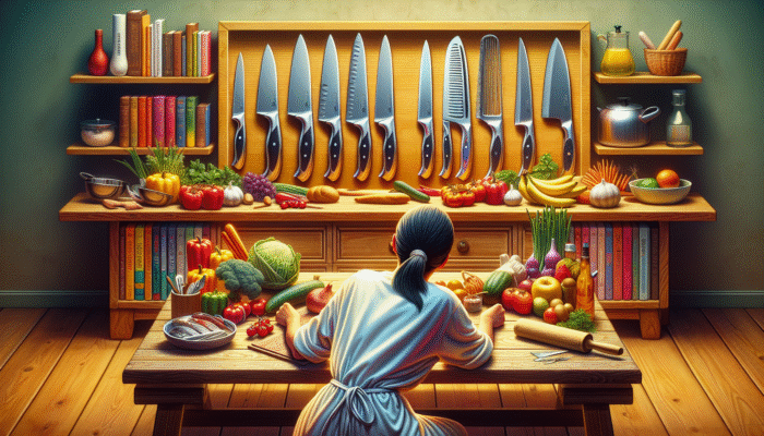 A novice cook admiring an affordable knife set on a wooden table surrounded by fresh ingredients and cookbooks.