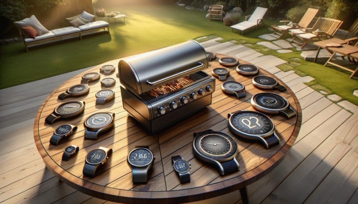 Sleek BBQ grill with smart timer, various high-tech models on a wooden table in a lush backyard.