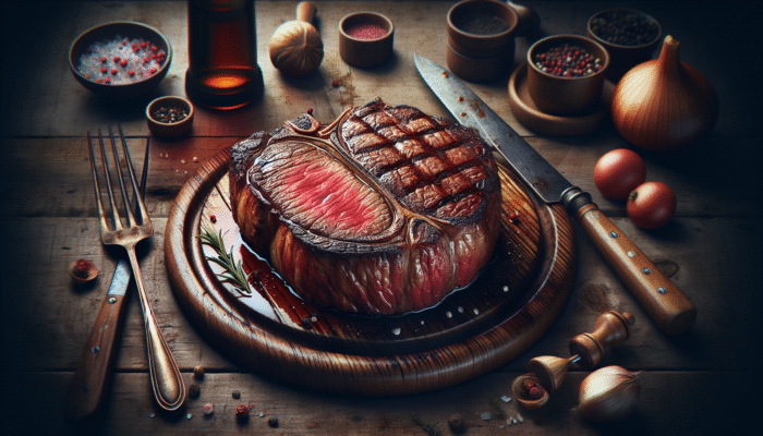 Expertly mastering the Reverse Sear for perfect steaks: Juicy steak with a pink centre and caramelized crust on a rustic wooden table with utensils.