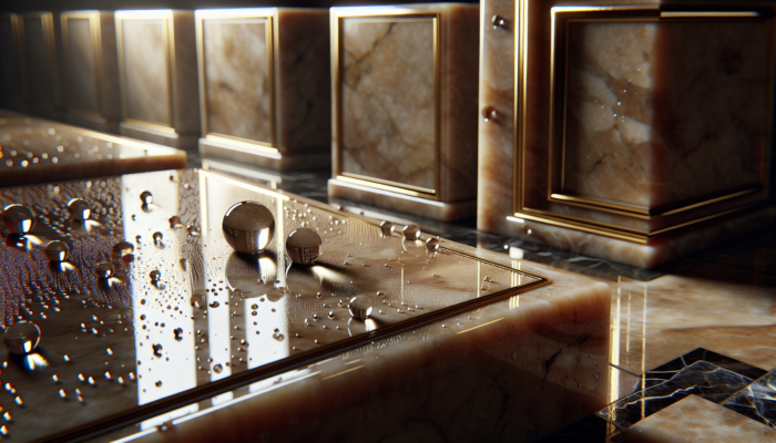 Shiny travertine tiles with water droplets in a dimly lit, elegant bathroom, showcasing sealant protection.