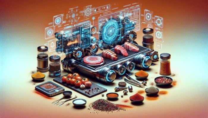 How to Use BBQ Flavor Scanners: Futuristic BBQ setup with high-tech flavor scanners analysing grilled meats, enhancing grilling with precision and creativity.