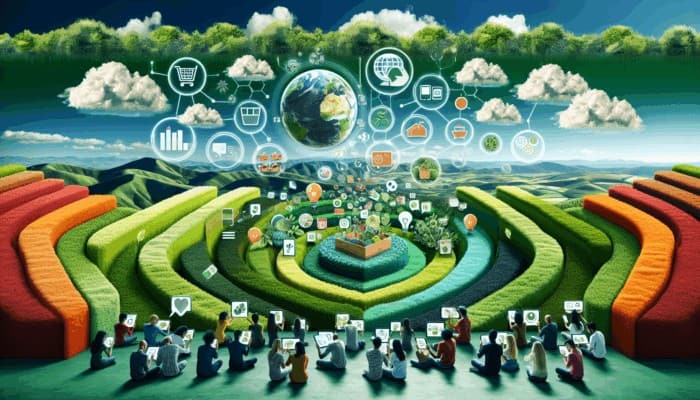 Infographic demonstrating sustainable living trends, zero-waste tips, and eco-friendly product reviews, showcasing diverse consumers engaging with digital devices.