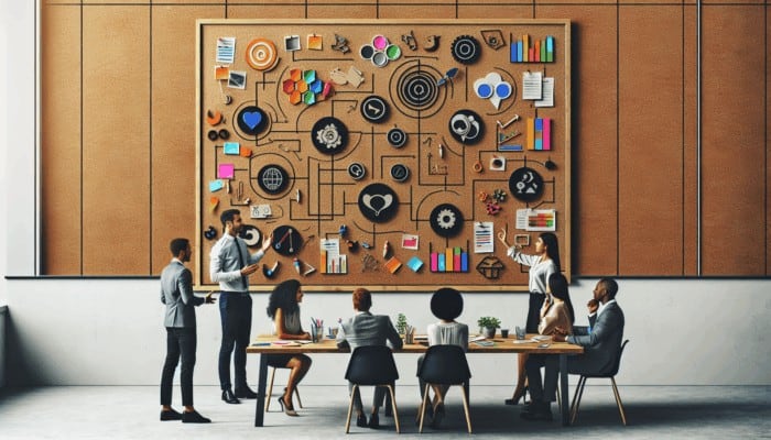 A creative workspace featuring a planning board with team members discussing video content strategies.