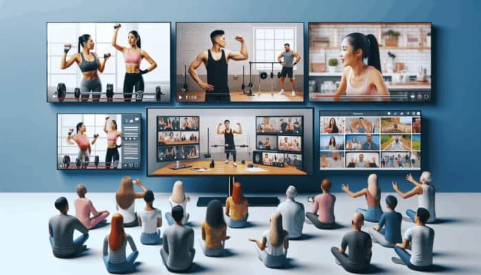 Fitness tutorials, expert interviews, and behind-the-scenes vlogs displayed on screens, engaging a diverse audience.