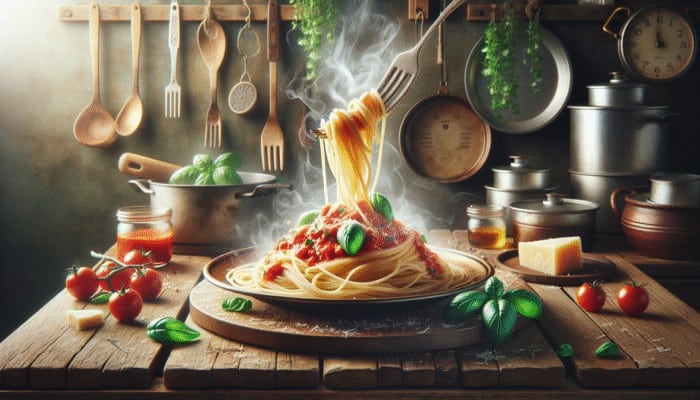 A steaming dish of spaghetti topped with marinara sauce, fresh basil, and parmesan cheese, displayed in a rustic Italian kitchen.