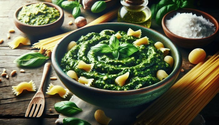 Freshly prepared pesto sauce featuring basil, pine nuts, and Parmesan, served over trofie and gnocchi on a rustic Italian table.