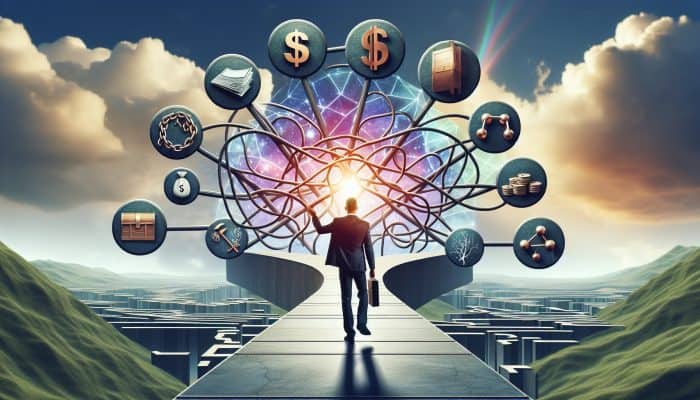 Key Terminology in Debt Consolidation: A Comprehensive Guide | DCL A person confidently navigating a clear path through a complex financial landscape with labelled signposts under a bright sky.