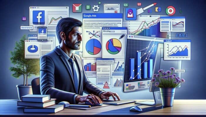 Marketer meticulously setting up A/B test on a computer, focused on Google Ads and Facebook Ads interfaces along with result graphs.