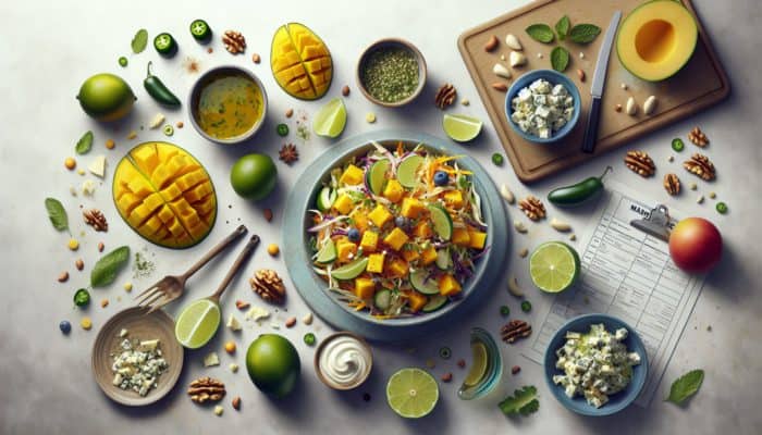 Vibrant coleslaw with mango, lime, blue cheese, nuts, and jalapeños, garnished with herbs.
