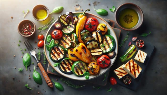 Colourful grilled vegetable platter with zucchini, bell peppers, eggplant, halloumi, and tofu, drizzled with herb-infused oil and vinegar.