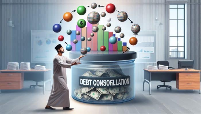 A person juggling colourful balls as debts, consolidating them into a clear container in a financial office.