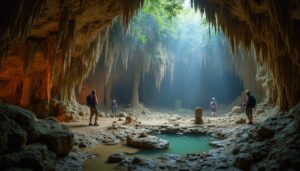 Four individuals with backpacks stand inside the magnificent ATM Cave Belize, surrounded by stalactites, rocky formations, and a small pool of water. Sunlight shines through an opening above, illuminating the centre like a true Adventure Guide’s dream.
