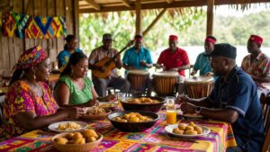 A gathering of individuals around a table filled with various Garifuna food and drinks, while musicians dressed in colourful attire play drums and guitars. The scene captures the lively spirit of Garifuna culture in an outdoor setting adorned with bright tablecloths.