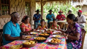 A family sitting around a vibrant table outdoors in Belize, enjoying Garifuna food together. In the background, musicians are playing drums and other instruments under a thatched roof, reflecting the lively spirit of Garifuna culture. Everyone appears relaxed and joyful.