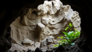 A view from inside a Belizean cave, looking out toward layered beige rock formations. Sunlight illuminates green plants near the entrance, hinting at the region’s rich biodiversity.