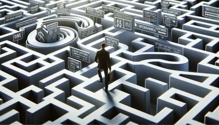 A person navigating a maze, symbolizing loan landscapes and interest rate options.